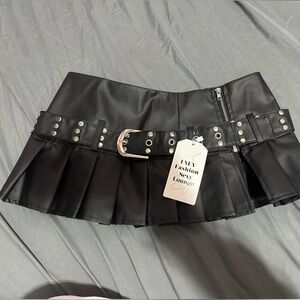 Black Pleated Mini Skirt with Belt
